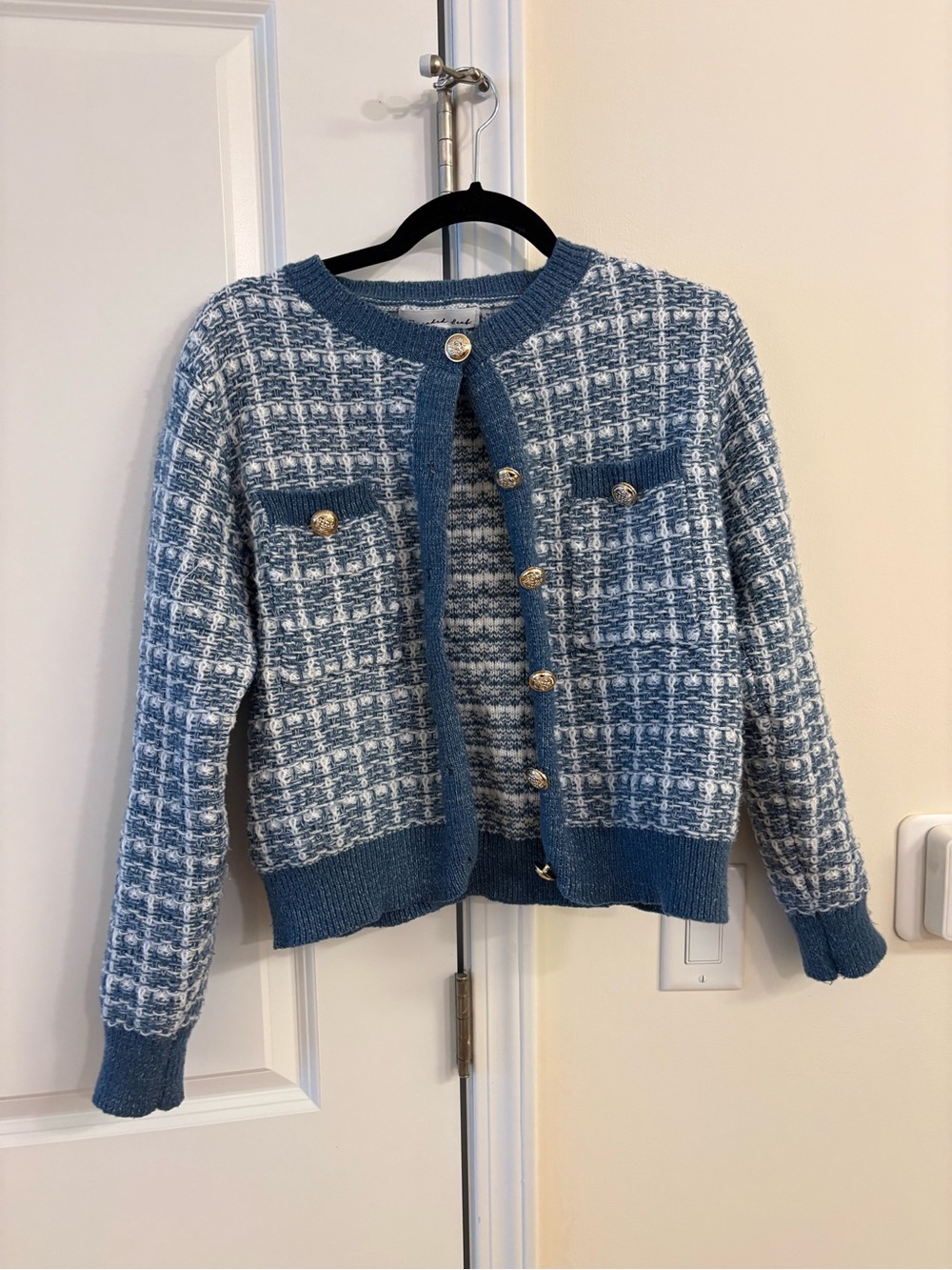 Classic Blue Tweed Knit Cardigan Sweater - Women